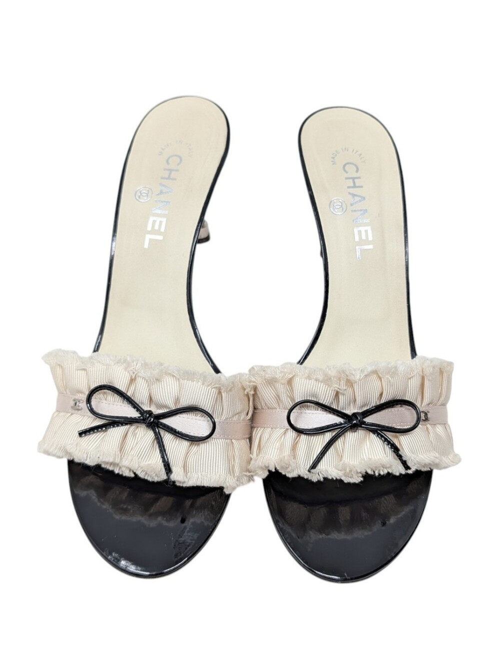 Chanel Ruffled Bow Interlocking CC Patent Black Ivory Mule Dress Up Sandal EU 40 - Picture 8 of 16